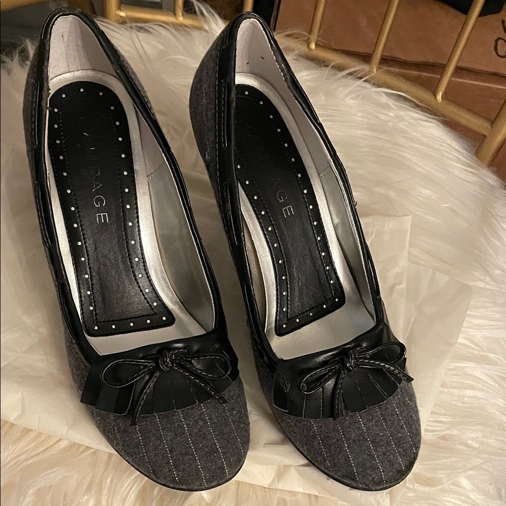 Rampage Black and Gray Heels with Bow and fringe pinstripe flannel